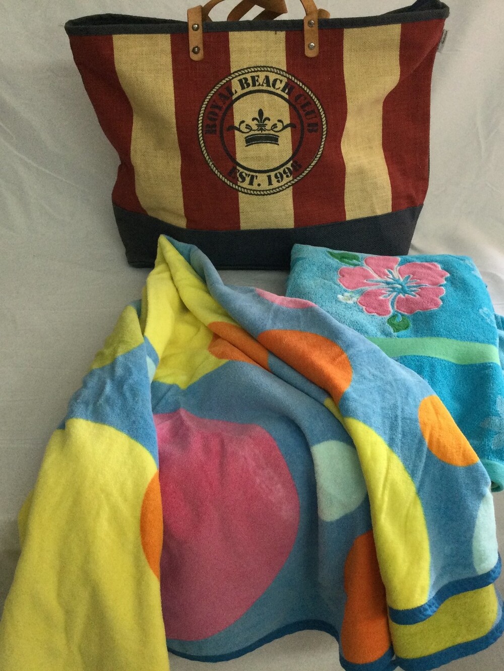 Royal Beach Club Red, White and Blue Jute Travel or Tote Bag And 2 Beach Towels
